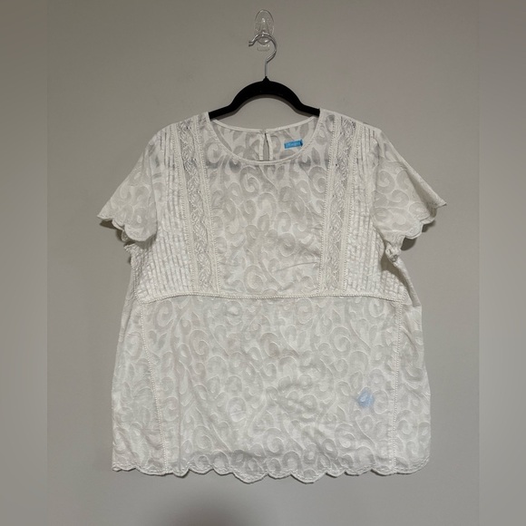 J. McLaughlin White Scalloped Boho Lace Trim Top Size XL Coastal Cottage Dainty - Picture 1 of 8
